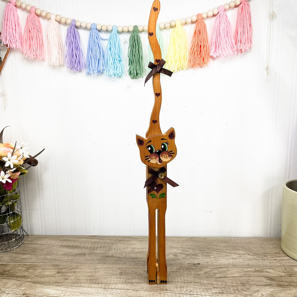 Vintage Wooden Folk Art Cat Sculpture - Handmade 1970s Decor